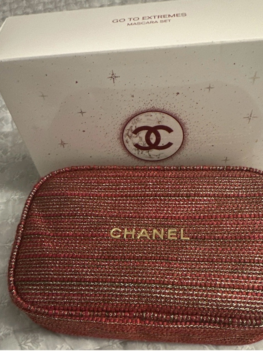 CHANEL Red & Gold Tweed Cosmetic Makeup Bag